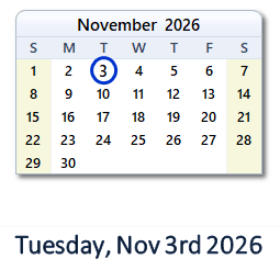 November 3, 2026 calendar