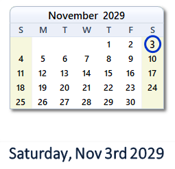 November 3, 2029 calendar
