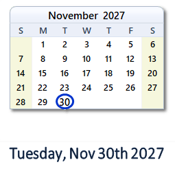 30 November 2027 calendar