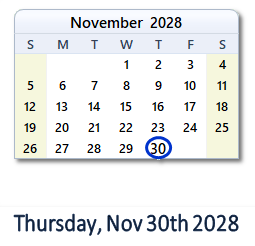 November 30, 2028 calendar