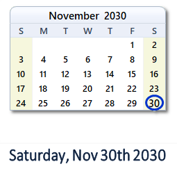 November 30, 2030 calendar