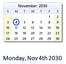 November 4, 2030 calendar