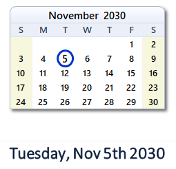 November 5, 2030 calendar