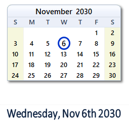 November 6, 2030 calendar