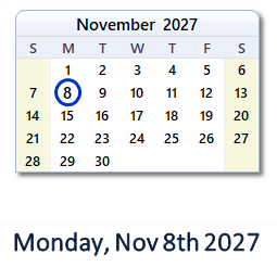 November 8, 2027 calendar