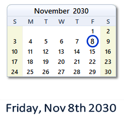 November 8, 2030 calendar