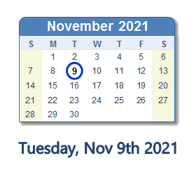 November 9 2021 Calendar With Holidays Count Down Usa