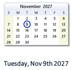 November 9, 2027 calendar