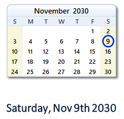November 9, 2030 calendar