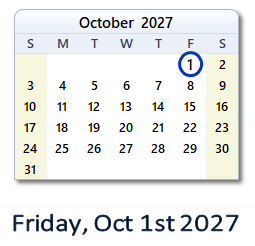 1 October 2027 calendar