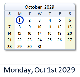 October 1, 2029 calendar