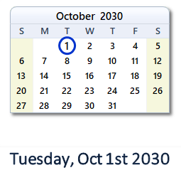 October 1, 2030 calendar