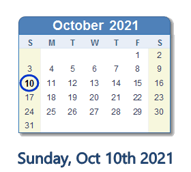 October 10, 2021 calendar