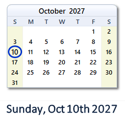 October 10, 2027 calendar