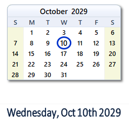 October 10, 2029 calendar