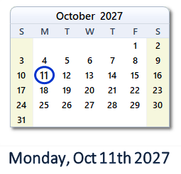 11 October 2027 calendar