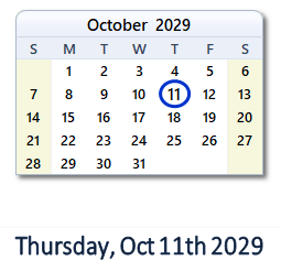October 11, 2029 calendar