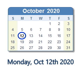 October 12, 2020 calendar