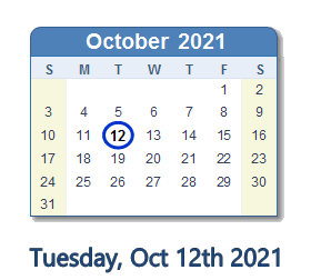 12 October 2021 calendar