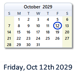October 12, 2029 calendar