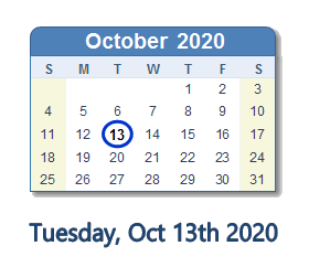 October 13, 2020 calendar