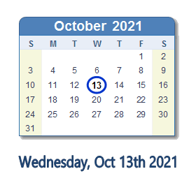October 13, 2021 calendar