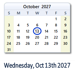 October 13, 2027 calendar