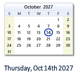 October 14, 2027 calendar