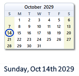 October 14, 2029 calendar