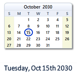 October 15, 2030 calendar