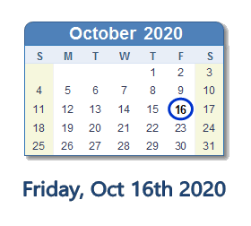 October 16, 2020 calendar