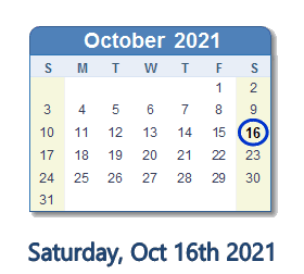 October 16, 2021 calendar