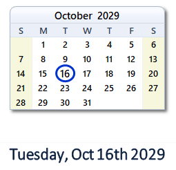 October 16, 2029 calendar