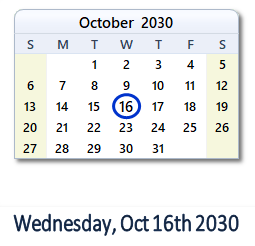 October 16, 2030 calendar