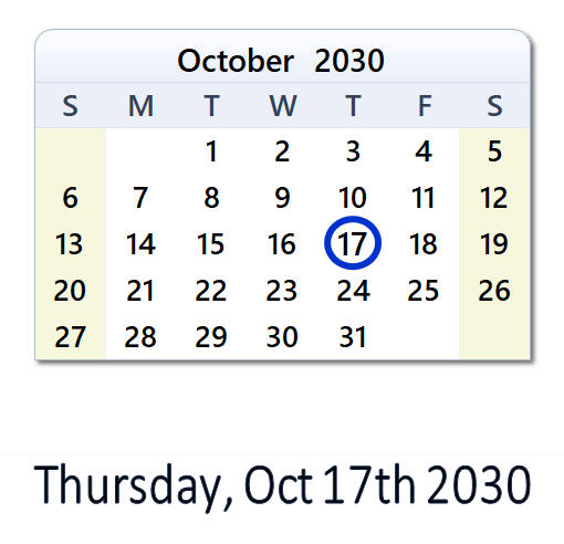 October Count 17 October 2030 Calendar with Holidays and Count Down - ZAF