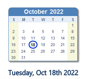 October 18, 2022 calendar