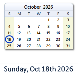 18 October 2026 calendar