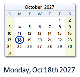 October 18, 2027 calendar