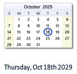 October 18, 2029 calendar