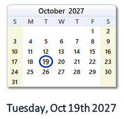 October 19, 2027 calendar