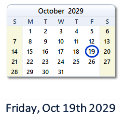 October 19, 2029 calendar