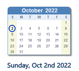2 October 2022 calendar