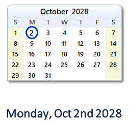October 2, 2028 calendar