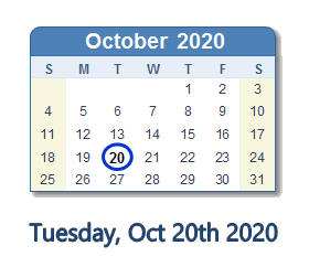 October 20, 2020 calendar