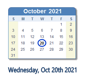 October 20, 2021 calendar