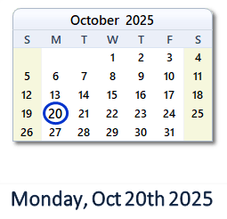 20 October 2025 calendar