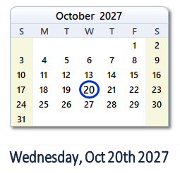 20 October 2027 calendar