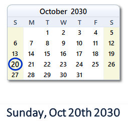 October 20, 2030 calendar
