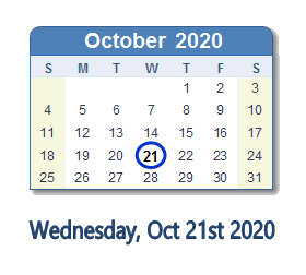 October 21, 2020 calendar