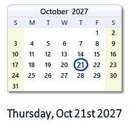 October 21, 2027 calendar